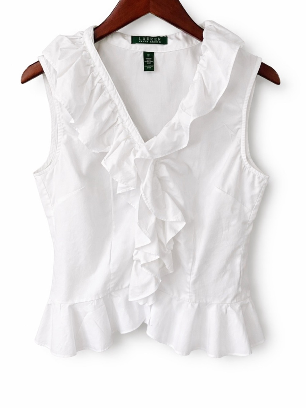 Ralph Lauren White Ruffle V-Neck Sleeveless Blouse Summer Chic 100% Cotton